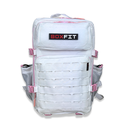 45L BOXFIT 'V3' BACKPACK WHITE in BABY PINK ACCENTS