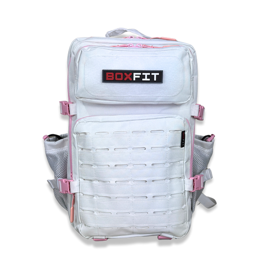 45L BOXFIT 'V3' BACKPACK WHITE in BABY PINK ACCENTS