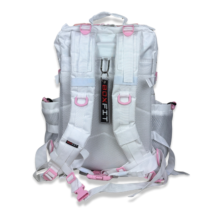 45L BOXFIT 'V3' BACKPACK WHITE in BABY PINK ACCENTS